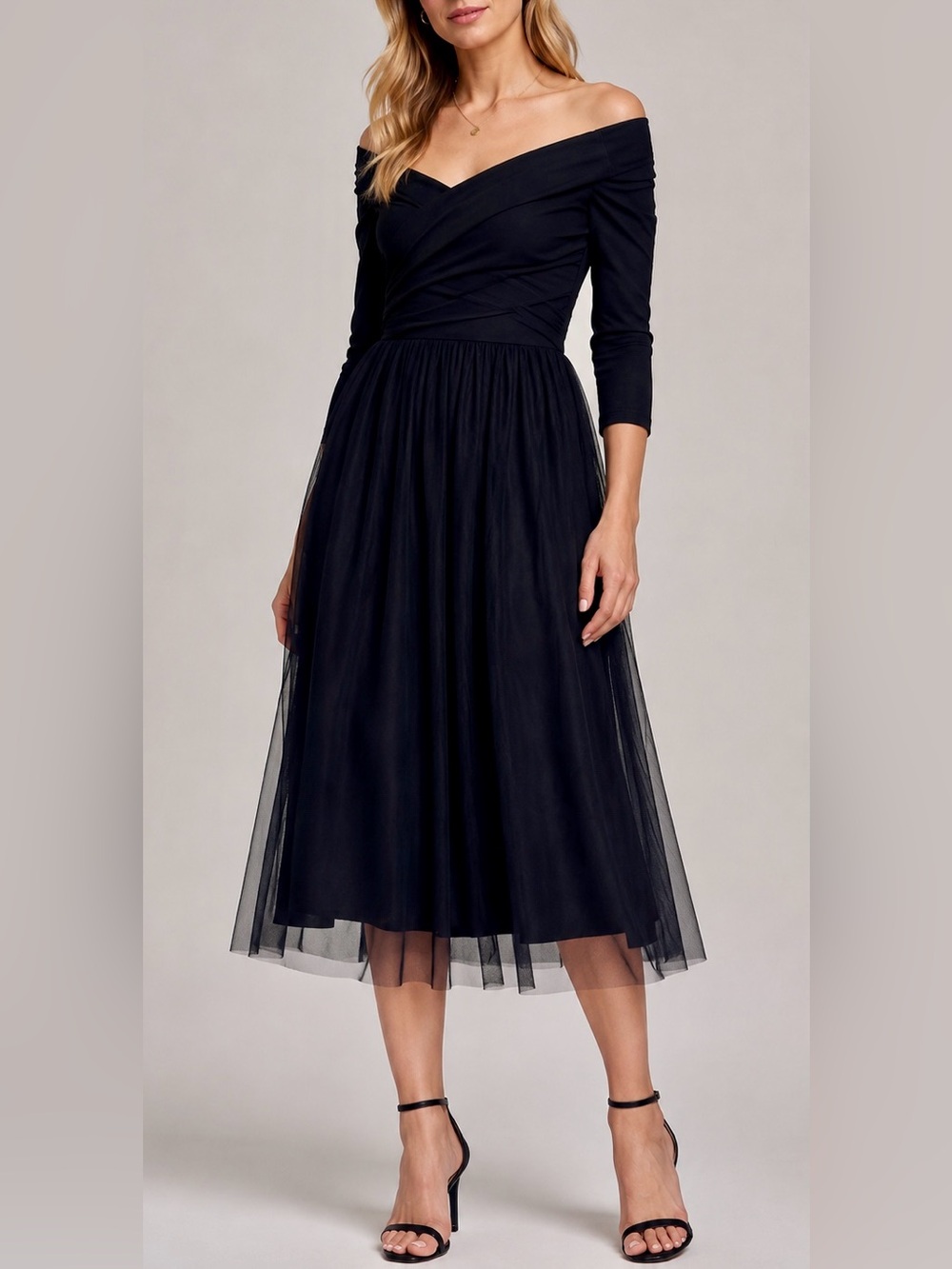 ZARA Basic Navy Off Shoulder Tulle Midi Dress Size M Fit & Flare Party